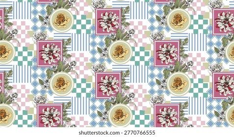 Hand draw flowers pattern in geometric background. Seamless floral pattern design for cover, textile, print, fabric, weddin, banner.