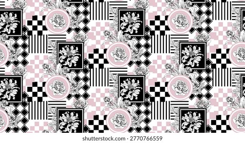 Hand draw flowers pattern in geometric background. Seamless floral pattern design for cover, textile, print, fabric, weddin, banner.