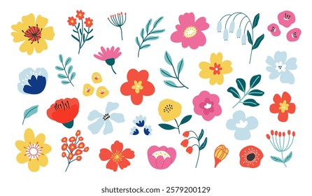 Hand draw flowers set collection. Cute spring flowers.