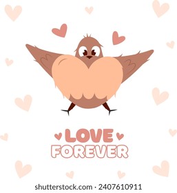 Hand draw flying bird with hearts Valentine's day poscard with lettering love forever.Peach fuzz, pink and red colors. Vector illustration on white background.Doodle style.