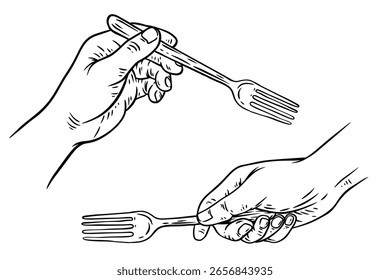Hand draw fork in human hand. Monochrome design element for kitchen, food equipment. Vintage vector illustration.