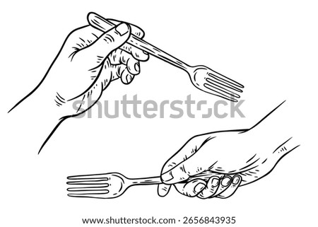 Hand draw fork in human hand. Monochrome design element for kitchen, food equipment. Vintage vector illustration.