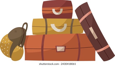 Hand draw four suitcases and backpack for travelling. Travel bags in flat style isolated on white. Hand luggage with handle.Vector illustration.Retro style. Train, plane, bus travelling. 