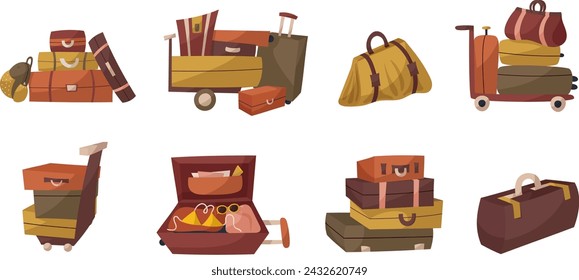 Hand draw four suitcases and backpack for travelling. Travel bags in flat style isolated on white. Hand luggage with handle.Vector illustration.Retro style. Train, plane, bus travelling. 