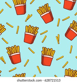 Hand draw french fries. Doodle french fries seamless pattern background.Fast food seamless vector pattern.