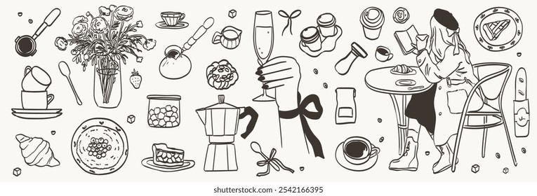 Hand draw french Parisian breakfast doodles. Vector illustration of woman drink coffee with croissant in line drawing style. Minimalist line art. Illustration for invitations, menus, poster design.