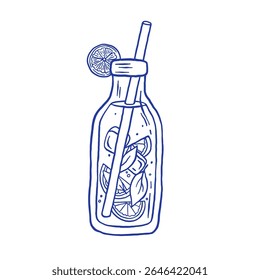 Hand draw fresh lemonade in a glass bottle with lemon slices and ice vector illustration. Amalfi lemon Italian drink doodle sketch style