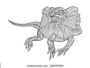 hand draw of frilled lizard in zentangle style