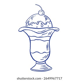 Hand draw fruit ice cream sundae with cherry vector illustration. Summer frozen dessert icon