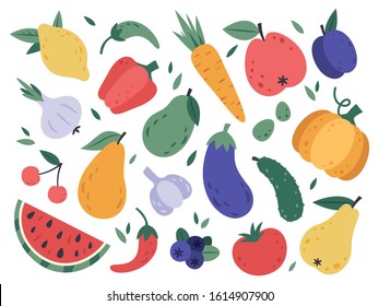 Hand draw fruits and vegetables. Doodle organic vegan tomato, eggplant vegetable, tasty fruits and berries. Natural veggies and fruits. Healthy food isolated vector illustration icons set