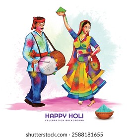 Hand draw fun couple dance celebration festival colorful holi card background