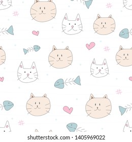 HAND DRAW OF FUNNY CUTE CAT SEAMLESS PATTERN BACKGROUND  WITH HEART AND FISH BONE. DOODLE ADORABLE STYLE 