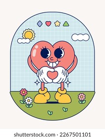 Hand draw Funny Retro vintage trendy style heart love cartoon character Contemporary illustration Doodle Comic collection