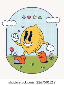 Hand draw Funny Retro vintage trendy lemon cartoon character Contemporary illustration Doodle Comic collection