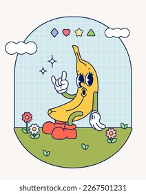 Hand draw Funny Retro vintage trendy style banana cartoon character Contemporary illustration Doodle Comic collection