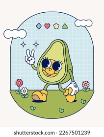 Hand draw Funny Retro vintage trendy avocado cartoon character Contemporary illustration Doodle Comic collection