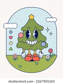 Hand draw Funny Retro vintage trendy christmas tree cartoon character Contemporary illustration Doodle Comic collection