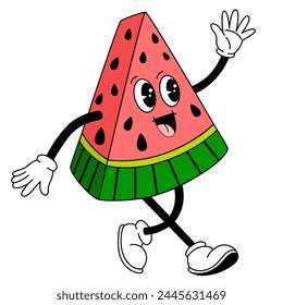 Hand draw Funny Retro vintage trendy style watermelon cartoon character illustration. Doodle Comic Fruit