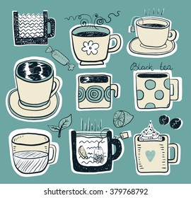 Hand draw funny sketch tea and coffee set