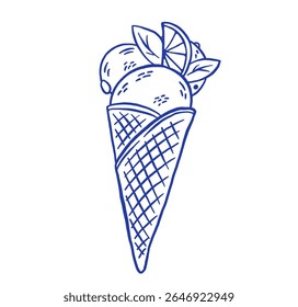 Hand draw gelato  ice cream cone with lemon vector illustration. Vintage frozen dessert icon in sketch style