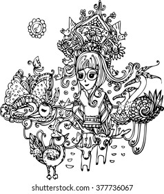 hand draw of girl,bird and chicken design