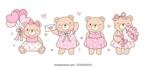 Hand draw girly teddy bear valentine with little heart Love pink pastel For romantic graphics Cards Sweet decorative Doodle illustration