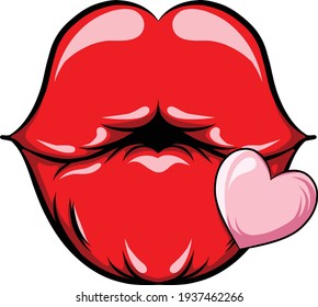 The hand draw of the glossy lips giving the kiss with love of illustration