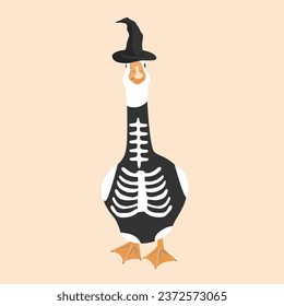 Hand Ziehe Gans in einer Hexenhut- und Skelettkostüme. Halloween Design-Element, Vektorgrafik.