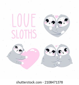 Hand draw graphics.Vector illustration. Set of cute sloths in the theme of Valentine's Day. 