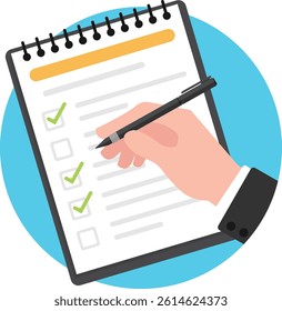 Hand draw a green correct check mark on document paper icon.