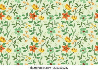 Hand Draw Green Flowers Seamless Pattern. Seamless textile pattern of a flowery plants and leaves with floral background elements in baroque and lace style for fabrics, textiles, gift wrapping.