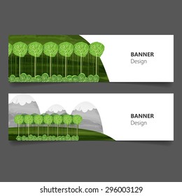 Hand draw Green Horizontal Banners with abstract Nature Landscape