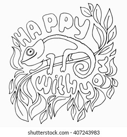 Hand draw greeting card with cute animal, hameleon