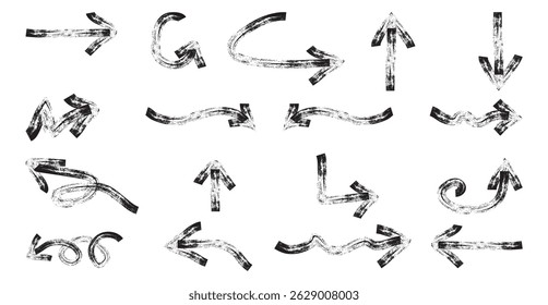 Hand draw grunge Arrows. Arrow brush doodle chalk line stroke. Collection of hand drawn doodle thick arrows in different directions.