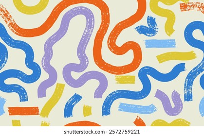 Hand draw grunge featuring intertwining curvy brush stroke lines seamless in varying shades of blue, yellow and beige creating a dynamic and modern, art abstract seamless pattern. Vector art.