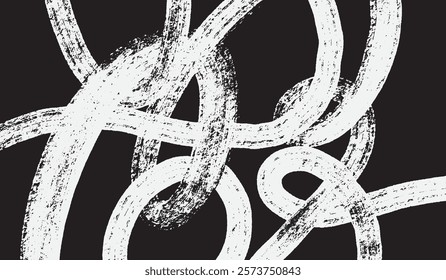 Hand draw grunge featuring intertwining curvy brush stroke lines in varying shades of black and white creating a dynamic and modern, art abstract. Vector illustration for interior, design, art.