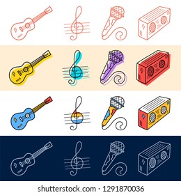 Hand draw guitar, note, microphone icon set in doodle style for your design.