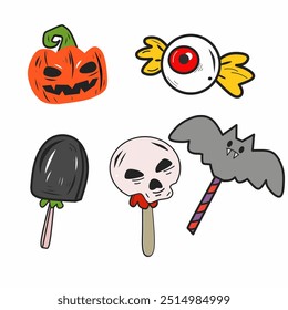 Coleção de doces de Halloween desenhada à mão. abóboras, morcego, doces de crânio, doces de cemitério, rasgar, doces de olho. Doces bonitos de Halloween. Ilustração de desenho animado plano.