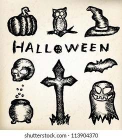 Hand draw halloween icons on vintage paper