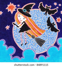 Hand draw halloween marker postcard  with witch  little girl