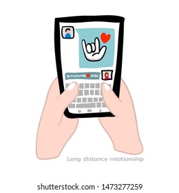 Hand draw of Handheld smartphone of lover chatting conversation. It's very important social media for long distance relationship. This technology for support modern life.