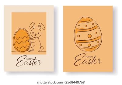 Hand Draw Happy Easter Set Greeting cards, posters, holiday covers. Trendy Doodle with typography, Hand painted plants, dots, eggs and bunny. Modern art minimalist style.