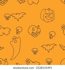 Hand Draw Happy Halloween holiday Doodle Seamless Pattern background. Pumpkin, Ghost, Bat, Skull Sketch style vector Wallpaper Orange texture