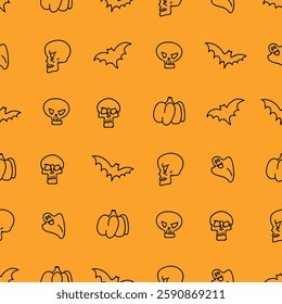 Hand Draw Happy Halloween holiday Seamless Pattern background. Pumpkin, Ghost, Bat, Skull Sketch style vector