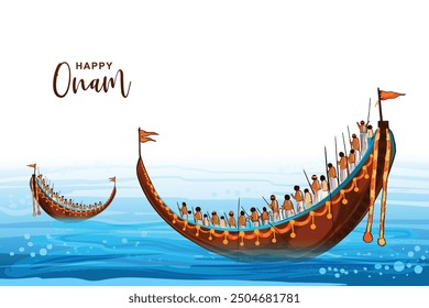 Dibuje a mano feliz festival onam del sur de la India en diseño de tarjeta de celebración de carrera de botes de serpiente