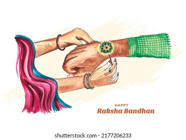 Dibujar mano a la feliz hermana de raksha bandhan atando rakhi al fondo de la tarjeta del hermano