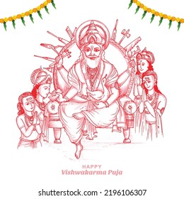 Hand draw happy vishwakarma puja colorful sketch celebration card design