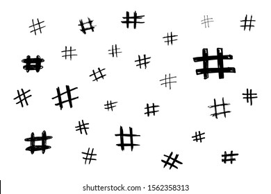 Hand Draw Hash Tags Sign Kit. Doodle Illustration. Basis Scribble Graphics Black And White