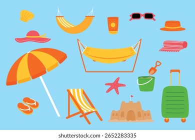 hand draw hat, hammock, sandal, sunscreen, rectangular sunglasses, beach blanket, bucket and shovel toy, luggage, beach chair, beach umbrella, parasol, sandcastle, seashell, sea star illustration set