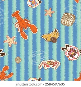 Hand Draw Hawaii Beach Print Seamless Pattern Art, Sealife Animal Lobster Crab Seashell And Flower Fruit Banana Wallpaper Background Print  